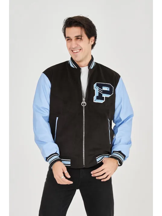 Erkek İçten Elyaf ve Astarlı Kolları Suni Deri Ceket - Mavi Erkek İçten Elyaf ve Astarlı Kolları Suni Deri Ceket - Mavi