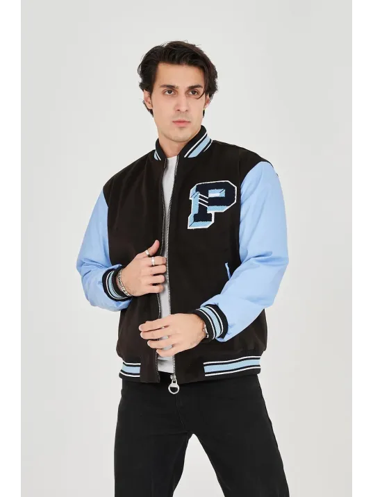 Erkek İçten Elyaf ve Astarlı Kolları Suni Deri Ceket - Mavi Erkek İçten Elyaf ve Astarlı Kolları Suni Deri Ceket - Mavi