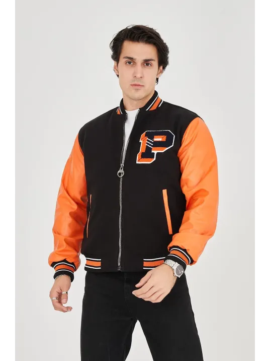 Erkek İçten Elyaf ve Astarlı Kolları Suni Deri Ceket - Turuncu Erkek İçten Elyaf ve Astarlı Kolları Suni Deri Ceket - Turuncu