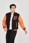 Erkek İçten Elyaf Ve Astarlı Kolları Suni Deri Ceket - Turuncu