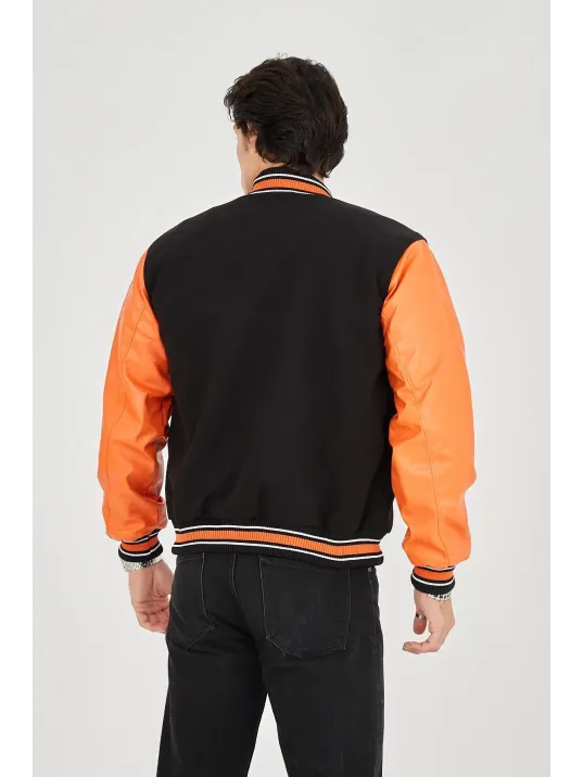 Erkek İçten Elyaf ve Astarlı Kolları Suni Deri Ceket - Turuncu Erkek İçten Elyaf ve Astarlı Kolları Suni Deri Ceket - Turuncu