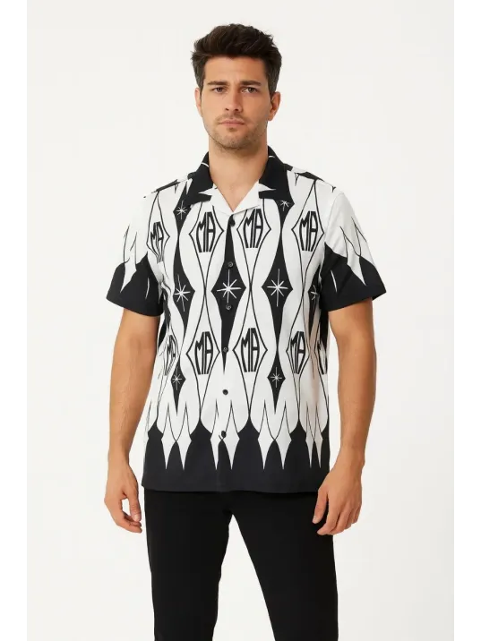 Erkek İki İplik Kumaş Dijital Baskılı Gömlek - Siyah Erkek İki İplik Kumaş Dijital Baskılı Gömlek - Siyah