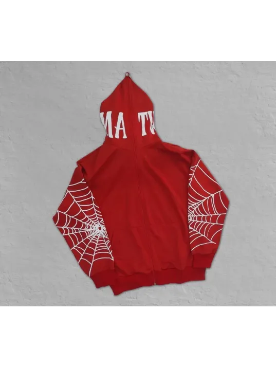 Erkek İki İplik Örümcek Baskılı Oversize Hırka - Kırmızı Erkek İki İplik Örümcek Baskılı Oversize Hırka - Kırmızı