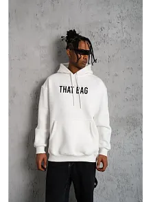 Erkek Kanguru Cep Baskılı Kapüşonlu Sweatshirt - Beyaz