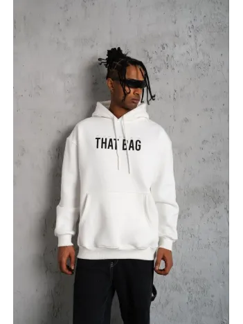 Erkek Kanguru Cep Baskılı Kapüşonlu Sweatshirt - Beyaz Erkek Kanguru Cep Baskılı Kapüşonlu Sweatshirt - Beyaz