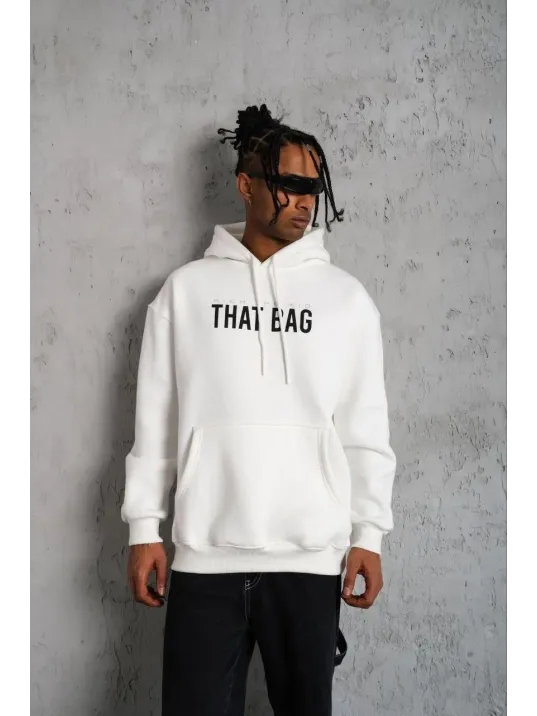 Erkek Kanguru Cep Baskılı Kapüşonlu Sweatshirt - Beyaz Erkek Kanguru Cep Baskılı Kapüşonlu Sweatshirt - Beyaz