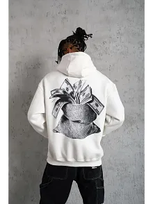 Erkek Kanguru Cep Baskılı Kapüşonlu Sweatshirt - Beyaz