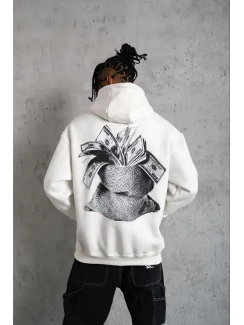Erkek Kanguru Cep Baskılı Kapüşonlu Sweatshirt - Beyaz Erkek Kanguru Cep Baskılı Kapüşonlu Sweatshirt - Beyaz