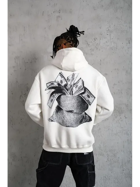 Erkek Kanguru Cep Baskılı Kapüşonlu Sweatshirt - Beyaz