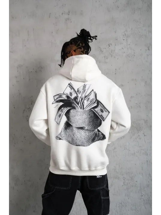 Erkek Kanguru Cep Baskılı Kapüşonlu Sweatshirt - Beyaz Erkek Kanguru Cep Baskılı Kapüşonlu Sweatshirt - Beyaz