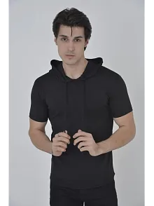 Erkek Kapşonlu Slim Fit T-shirt - Siyah