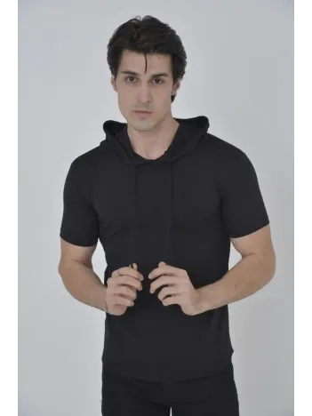 Erkek Kapşonlu Slim Fit T-shirt - Siyah