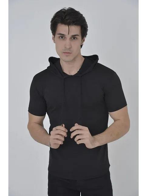 Erkek Kapşonlu Slim Fit T-shirt - Siyah
