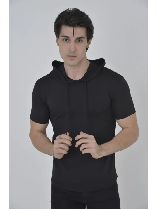 Erkek Kapşonlu Slim Fit T-shirt - Siyah Erkek Kapşonlu Slim Fit T-shirt - Siyah