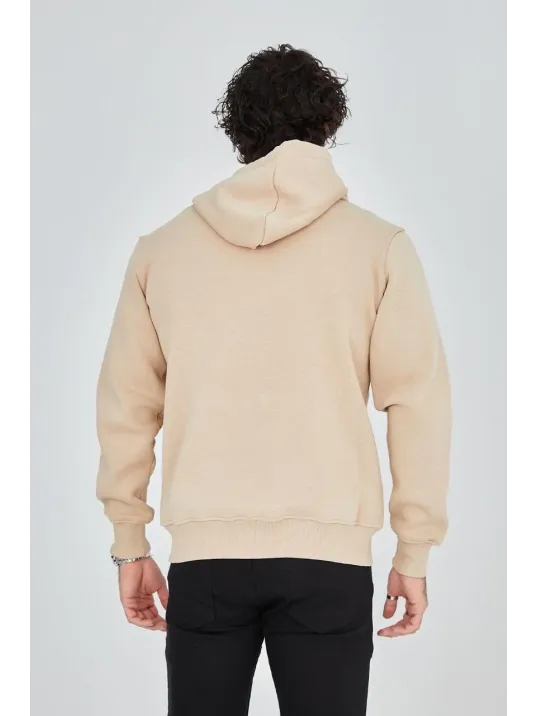 Erkek Kapüşonlu Baskılı Fermuarlı Hırka - Bej Erkek Kapüşonlu Baskılı Fermuarlı Hırka - Bej