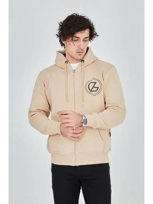 Erkek Kapüşonlu Baskılı Fermuarlı Hırka - Bej Erkek Kapüşonlu Baskılı Fermuarlı Hırka - Bej