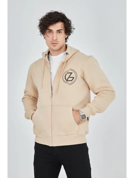 Erkek Kapüşonlu Baskılı Fermuarlı Hırka - Bej Erkek Kapüşonlu Baskılı Fermuarlı Hırka - Bej