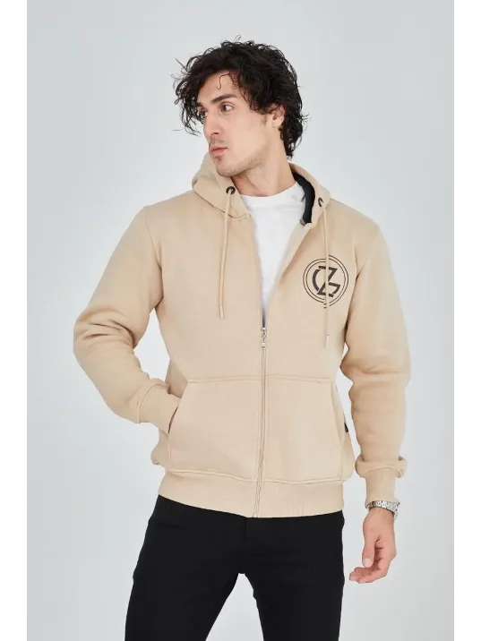 Erkek Kapüşonlu Baskılı Fermuarlı Hırka - Bej Erkek Kapüşonlu Baskılı Fermuarlı Hırka - Bej
