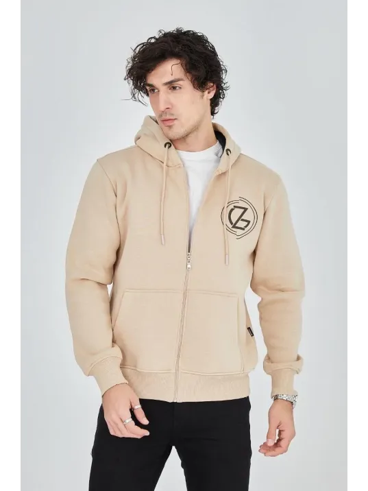 Erkek Kapüşonlu Baskılı Fermuarlı Hırka - Bej Erkek Kapüşonlu Baskılı Fermuarlı Hırka - Bej