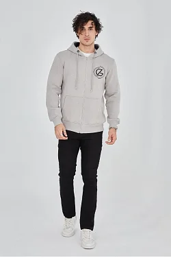 Erkek 3 İplik Pamuklu Fermuarlı Kapüşonlu Kanguru Cepli Baskılı Hoodie Hırka Sweatshirt - Boyalı Gri