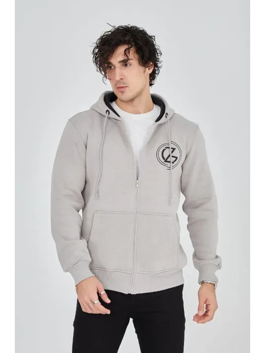 Erkek Kapüşonlu Baskılı Fermuarlı Hırka - Boyalı Gri