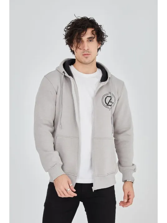 Erkek Kapüşonlu Baskılı Fermuarlı Hırka - Boyalı Gri