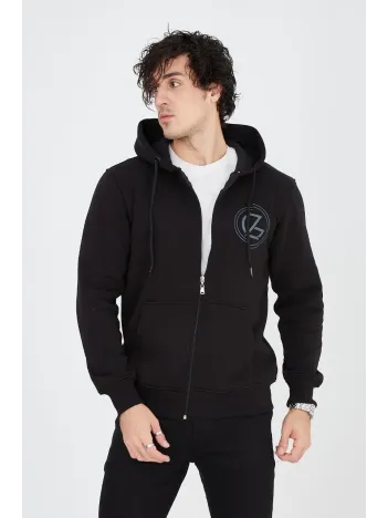 Erkek Kapüşonlu Baskılı Fermuarlı Hırka - Siyah Erkek Kapüşonlu Baskılı Fermuarlı Hırka - Siyah