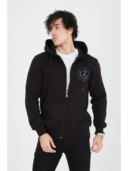 Erkek Kapüşonlu Baskılı Fermuarlı Hırka - Siyah Erkek Kapüşonlu Baskılı Fermuarlı Hırka - Siyah