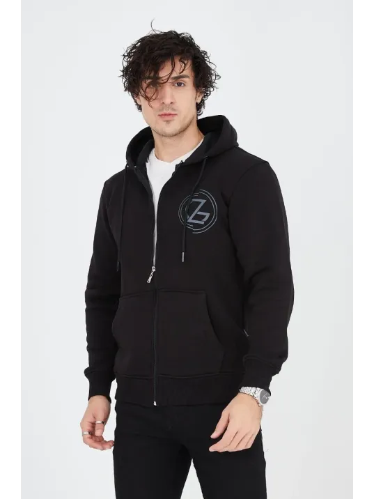 Erkek Kapüşonlu Baskılı Fermuarlı Hırka - Siyah Erkek Kapüşonlu Baskılı Fermuarlı Hırka - Siyah