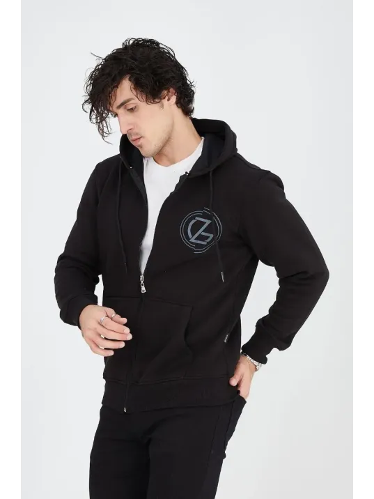 Erkek Kapüşonlu Baskılı Fermuarlı Hırka - Siyah Erkek Kapüşonlu Baskılı Fermuarlı Hırka - Siyah