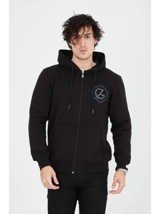 Erkek Kapüşonlu Baskılı Fermuarlı Hırka - Siyah Erkek Kapüşonlu Baskılı Fermuarlı Hırka - Siyah