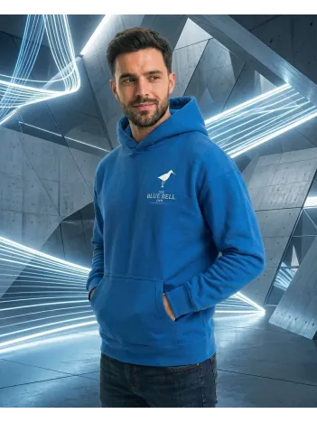 Erkek Kapüşonlu Double Oversize Hoodie – Üç İplik Pamuklu, Deniz Ve Yelken Baskılı, Kanguru Cepli Premium Sweatshirt - Saks Mavi