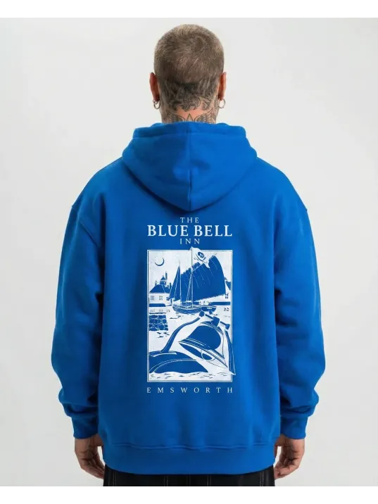 Erkek Kapüşonlu Double Oversize Hoodie – Üç İplik Pamuklu, Deniz Ve Yelken Baskılı, Kanguru Cepli Premium Sweatshirt - Saks Mavi