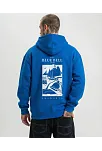 Erkek Kapüşonlu Double Oversize Hoodie – Üç İplik Pamuklu, Deniz Ve Yelken Baskılı, Kanguru Cepli Premium Sweatshirt - Saks Mavi