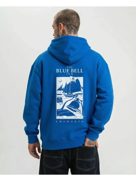 Erkek Kapüşonlu Double Oversize Hoodie – Üç İplik Pamuklu, Deniz Ve Yelken Baskılı, Kanguru Cepli Premium Sweatshirt - Saks Mavi