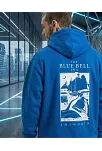 Erkek Kapüşonlu Double Oversize Hoodie – Üç İplik Pamuklu, Deniz Ve Yelken Baskılı, Kanguru Cepli Premium Sweatshirt - Saks Mavi