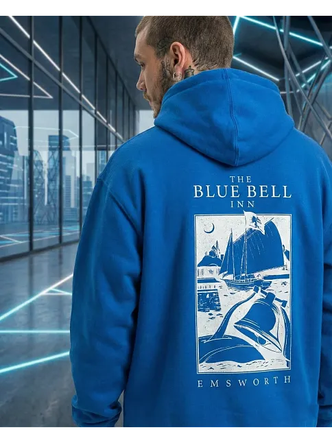 Erkek Kapüşonlu Double Oversize Hoodie – Üç İplik Pamuklu, Deniz Ve Yelken Baskılı, Kanguru Cepli Premium Sweatshirt - Saks Mavi
