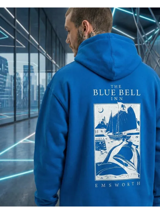 Erkek Kapüşonlu Double Oversize Hoodie – Üç İplik Pamuklu, Deniz Ve Yelken Baskılı, Kanguru Cepli Premium Sweatshirt - Saks Mavi