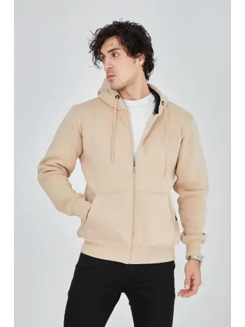 Erkek Kapüşonlu Düz Fermuarlı Hırka - Bej