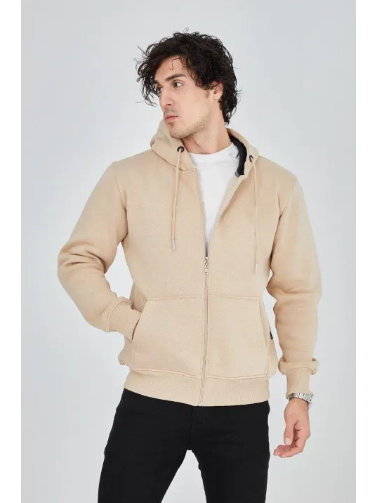 Erkek Kapüşonlu Düz Fermuarlı Hırka - Bej