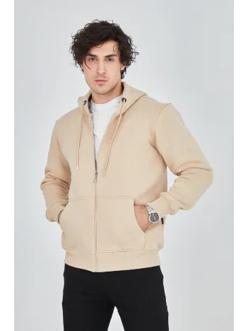 Erkek Kapüşonlu Düz Fermuarlı Hırka - Bej Erkek Kapüşonlu Düz Fermuarlı Hırka - Bej
