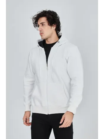 Erkek Kapüşonlu Düz Fermuarlı Hırka - Beyaz