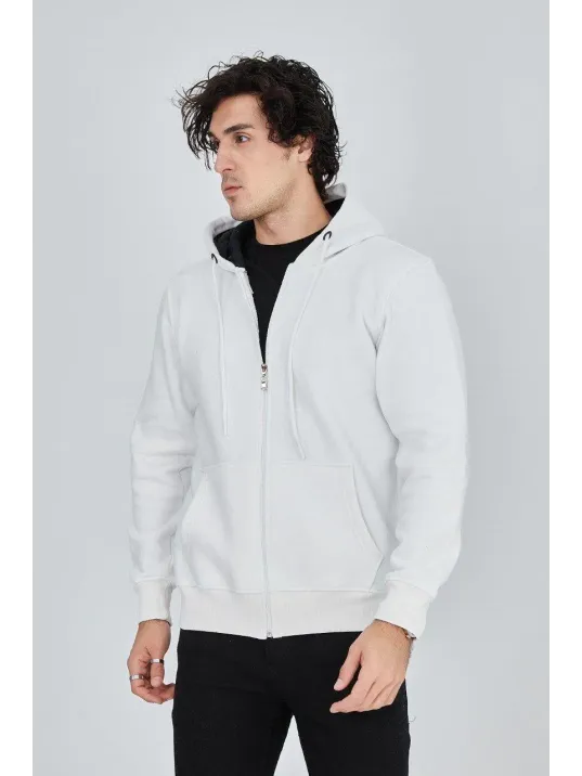 Erkek Kapüşonlu Düz Fermuarlı Hırka - Beyaz