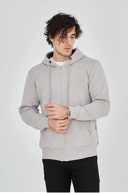 Erkek 3 İplik Pamuklu Fermuarlı Kapüşonlu Kanguru Cepli Hoodie Hırka Sweatshirt - Boyalı Gri