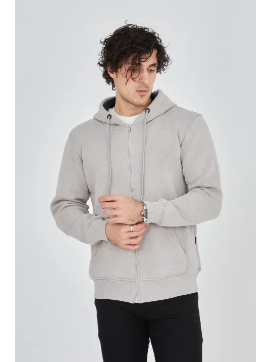 Erkek Kapüşonlu Düz Fermuarlı Hırka - Boyalı Gri Erkek Kapüşonlu Düz Fermuarlı Hırka - Boyalı Gri