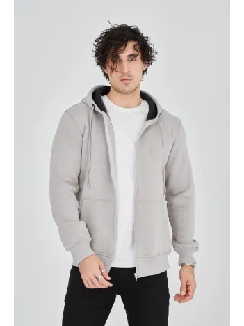 Erkek Kapüşonlu Düz Fermuarlı Hırka - Boyalı Gri Erkek Kapüşonlu Düz Fermuarlı Hırka - Boyalı Gri