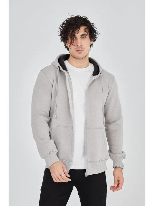 Erkek Kapüşonlu Düz Fermuarlı Hırka - Boyalı Gri Erkek Kapüşonlu Düz Fermuarlı Hırka - Boyalı Gri