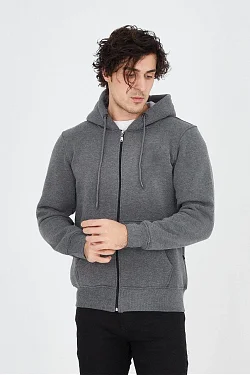 Erkek 3 İplik Pamuklu Fermuarlı Kapüşonlu Kanguru Cepli Hoodie Hırka Sweatshirt - Füme