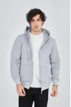 Erkek Kapüşonlu Düz Fermuarlı  Üç İplik Pamuklu Hırka - Gri