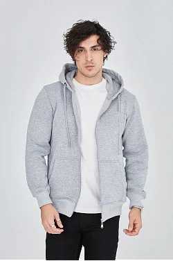 Erkek 3 İplik Pamuklu Fermuarlı Kapüşonlu Kanguru Cepli Hoodie Hırka Sweatshirt - Gri